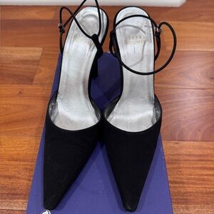 Stuart Weitzman Black Pointed-Toe Ankle-Strap Heels